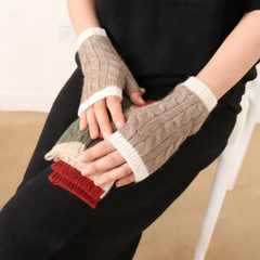 Fall & Winter Cable Knit Color-trim Pure Cashmere Fingerless Gloves